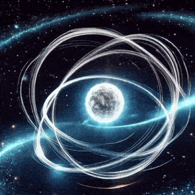 Atomic symbol in space, turning